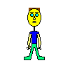 Yellow-skinned cartoon character with blue eyes and brown hair in various poses, wearing a purple shirt and green pants against gray background.