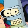 A close-up of a light blue robot with large round eyes and a grid-patterned mouth, partially overlapping a blurred background figure.
