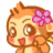 Pixelated cartoon character with orange fur, pink flower in hair, and raised hand gesture.