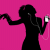 Animated sequence of black silhouettes dancing with white earphones against a bright pink background, displaying text fragments 'MUSIC IS LOVE' in pixelated font.