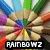 A pixelated flower with radiating petals in beige, blue, green, purple, orange, and red hues, with a central yellow core and black text reading "RAINBOWZ" below.