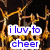 Four- with text overlays: top-left shows 'i luv to cheer' over a dark background, top-right displays 'i luv ryan!' next to a person in red, bottom-left features 'smile jesus luvs ya' on yellow-green text bars above a figure