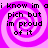 Four identical display a pink and purple spiral background with black text reading "i know im ai know im a pich but im proud of it" in a pixelated font