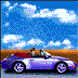 A 4-frame animated contact sheet showing a purple convertible car driving across a landscape with changing sky clouds and road coloration.