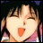 Anime character with brown hair and pink clothing, mouth open in a shout, next to pixelated text on black background.