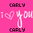 Pixelated pink background with black text 'CARLY' at top and bottom, white pixel art of 'i ❤️ you' repeated twice in the center.