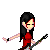 Pixel art of a girl in red dress playing electric guitar, standing on black boots with white stripes against gray background.