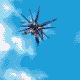Pixelated mecha animation showing a white and blue mobile suit transforming from distant view to close-up head, with pink energy effects.