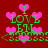 Red background with pink heart shapes and green text reading "I LOVE EN <33333" in pixelated style.