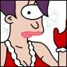 Cartoon character with purple hair, large white eye, and pink lips holding a red object against a white background with faint snowflake patterns.