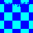 Blue and cyan pixelated checkered pattern with scattered diamond shapes, some text fragments visible in the upper-right.