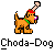 Pixel art dog with orange-brown fur, red headband, green collar, and purple nose holding a bone, labeled 'Choda-Dog' below.