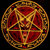 A circular golden pentagram with red interior on black background, adjacent to green text reading 'Original Icons .com' in pixelated font.