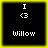 A 4-frame contact sheet of a pixel art buddy icon featuring a yellow border, black background, white text "I" and "Willow", and a circular arrow symbol between them.