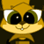Pixelated yellow cartoon cat with large green eyes, white inner ears, and a small silver nose on dark background.