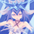 Pixelated static image of a blue-haired anime-style character with closed eyes and a smiling expression, wearing a light-colored outfit with a dark brown tie-like accessory, set against a blue background.