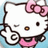White cat with pink bow and pink collar, winking with one eye closed, holding a white cloud-shaped object against light blue background.