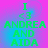 Green text on a pink-to-blue gradient background displays 'I <3 ANDREA AND AIDA' in four identical