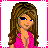 Pixel art contact sheet of a 3x3 grid showing animated frames from an AIM buddy icon featuring a cartoon woman in pink and blue attire with bold pink text.