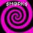 Four identical pink and black spiral patterns arranged in a with white text above each spiral