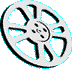 Three white film reels with black and cyan outlines on a gray background, each showing slight rotation differences.