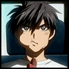 Six- of an anime-style character with dark spiky hair, light skin, and a red tie against a blue chair background