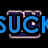 Pixelated blue text 'SUCK' with a stylized 'U' featuring a circular eye-like detail, set against a black background with a faint purple and white border.