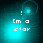 Pixelated cyan and black image with text 'Im a star' and an exclamation mark, showing four variations of background glow and circular light effects.