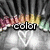 Pixelated image with 'color' text overlay on abstract background of dark vertical shapes and blurred pink, orange, yellow, green hues.