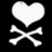 Pixelated icon with black and red sections, featuring a white heart and crossed bones on black, and pixelated text on red.