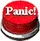 Two red circular buttons with metallic silver bases, one displaying 'Panic!' text and the other showing 'button' text against a gray background.