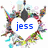 A heart-shaped frame with colorful pixelated border surrounds blue text reading 'jess' in the first frame, 'jess !!' in the second, and 'jess !!!' in the third.