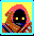 Pixel art of a hooded figure with glowing yellow eyes, brown and red clothing, against a bright yellow background bordered by light blue.