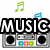 A static buddy icon featuring a split design with 'MUSIC' and 'DANCE' text over a boombox, musical notes, and heart symbols on black background.