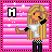 Pixel art contact sheet of a blonde female character in three animated frames with changing 'M' logo colors against pink-purple striped background.