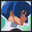 Pixelated anime-style character with blue hair and green eyes, shown in profile with hand near face against a blue and green background.