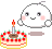 Pixelated white character with pink cheeks and a red mouth, holding a layered cake with red and yellow stripes and a single candle.