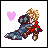 Pixel art of two anime-style characters embracing, one with blonde hair and blue eyes, the other with dark hair, against a white background with a pink heart.
