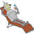 Pixelated cartoon character reclining on a red lounge chair with one arm raised holding a small blue object, set against solid gray background.