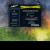 Pixelated static image shows dark rectangular interface with yellow top bar, blue sidebar, and central content area over green and yellow gradient background.