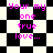 Pixelated text on a black-and-white checkered background with shifting diamond patterns across four views.