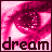 nine pixelated pink-toned eye close-ups with the word 'dream' in lowercase letters below each, one showing uppercase 'DREAM'