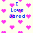Pixelated icon with blue text "I Love Jared" surrounded by pink hearts on a light background.