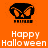 Pixelated orange background with black skull icons and white 'Happy Halloween' text in four quadrants.