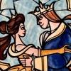 Stained-glass style illustration of two figures in medieval attire holding hands against a blue background.