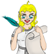 Animated character with blonde hair and blue eyes holds a teal feather and white scroll, wearing white and gray clothing with small wings.