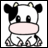 Pixelated cartoon cow with black-and-white patches, pink nose, and small yellow eyes on a white background.