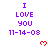 Purple text 'I LOVE YOU' and date '11-14-08' with red heart symbols on white background, showing animation of hearts changing from question marks to solid shapes.