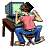 Pixelated figure in pink shirt and blue pants sits at desk with CRT monitor, hands raised near face in four sequential poses.