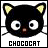 Pixelated black cat face with large white eyes, yellow inner ears, brown nose, and whiskers; text below reads CHOCOCAT.